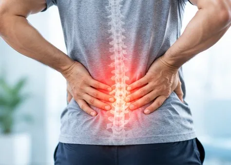 Person holding their lower back with pain highlighted along the spine