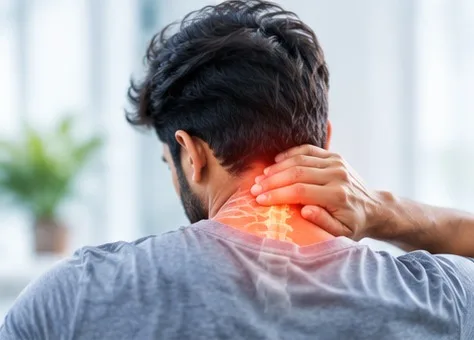 Man rubbing the back of his painful neck