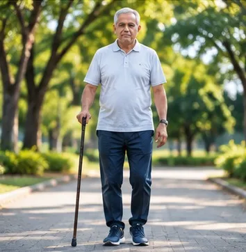 Older man walking with a cane in a park