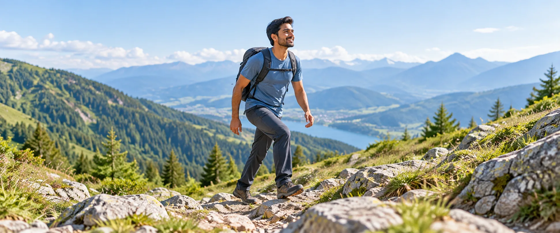 Illustration: a young man hiking up a rocky mountain trail above a lake