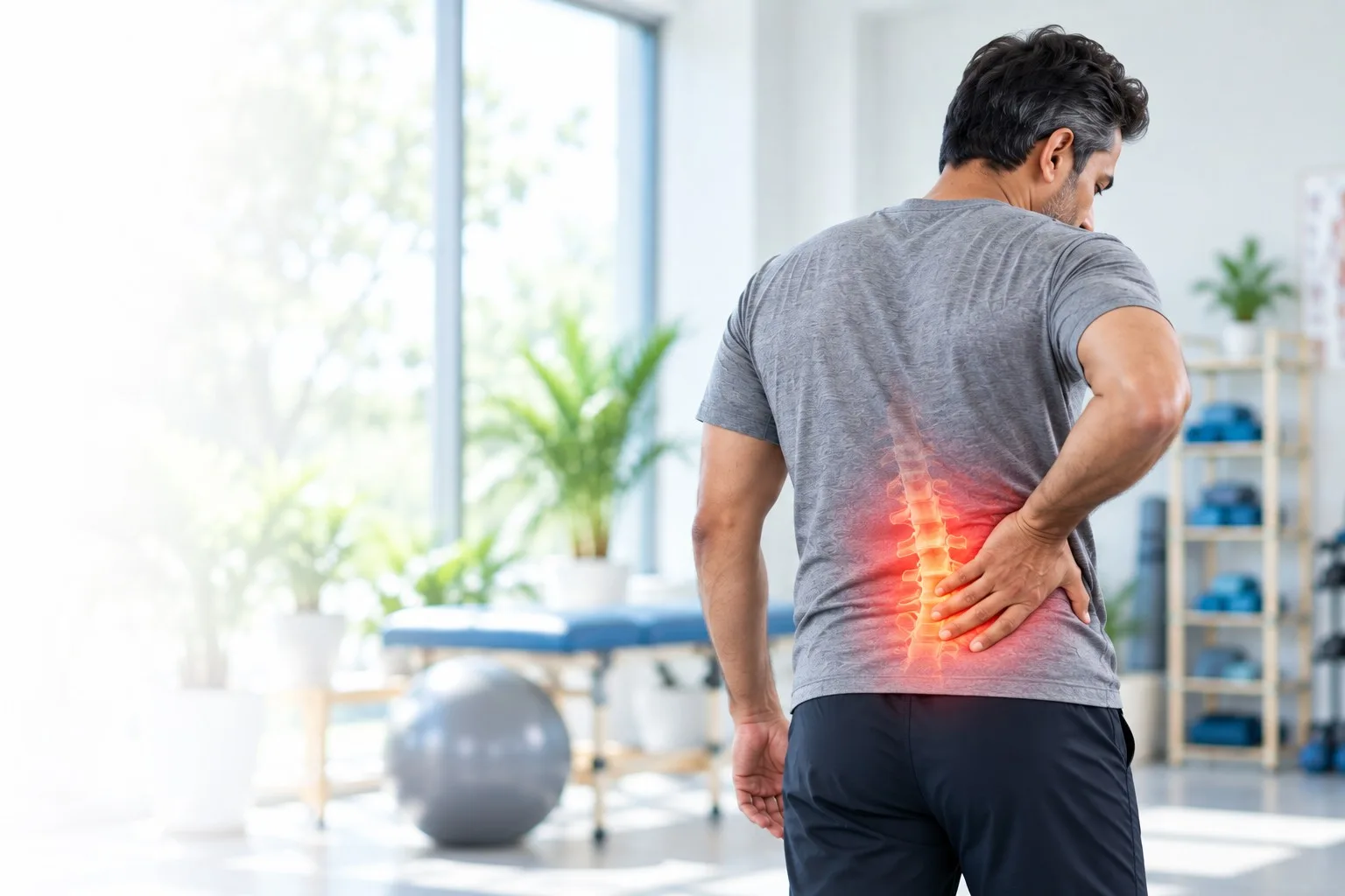 A man holding his lower back with pain highlighted along the spine