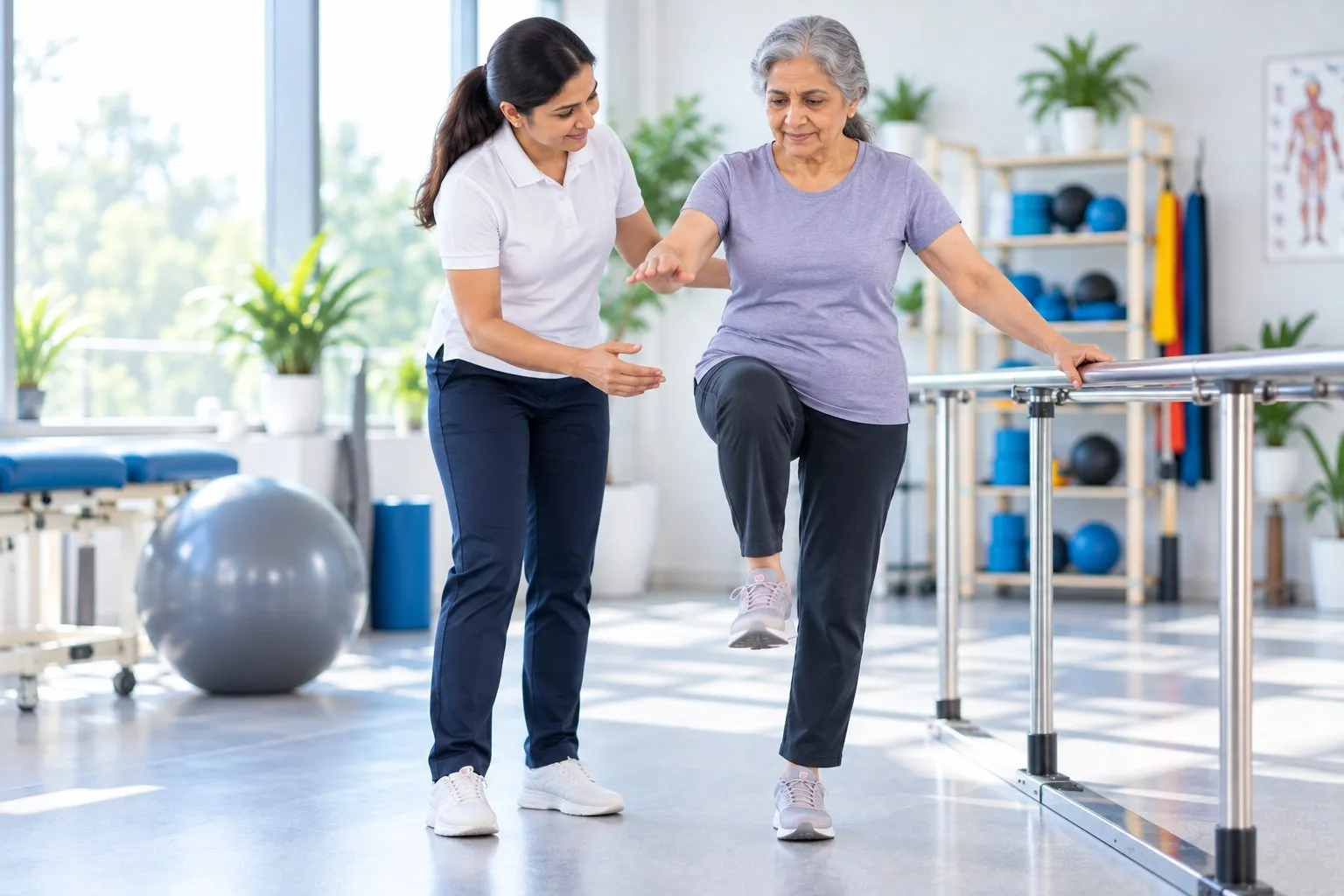 A physiotherapist guiding an older woman through a balance exercise