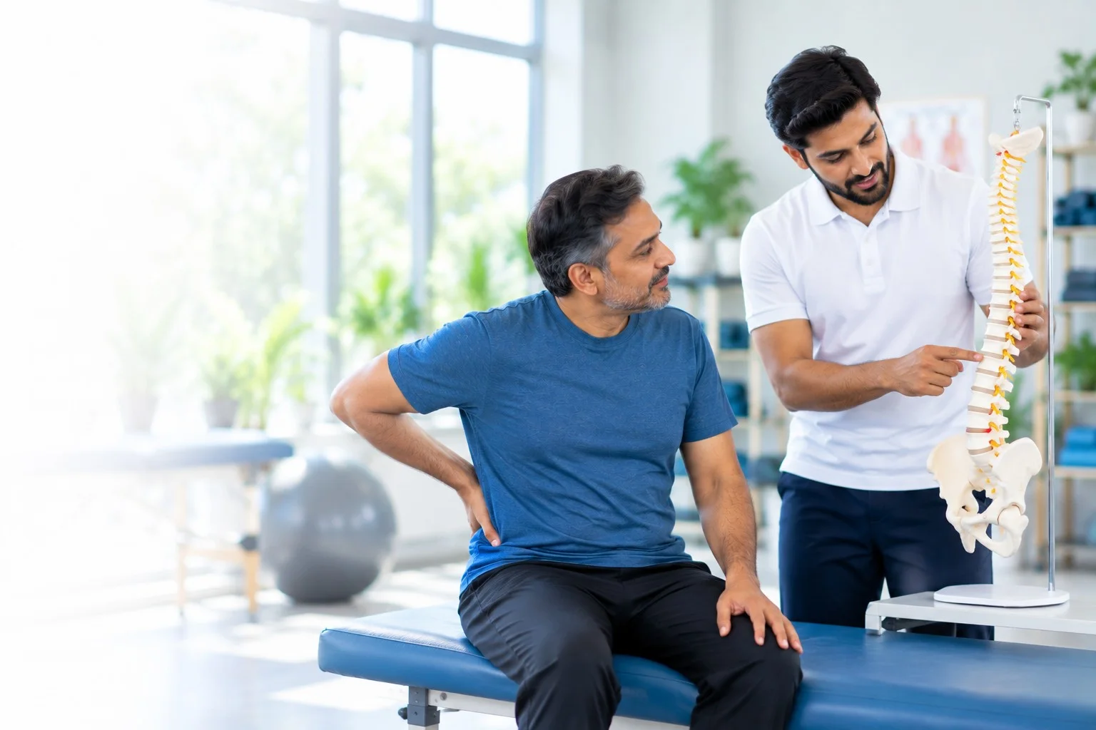 A physiotherapist explaining a spine model to a patient