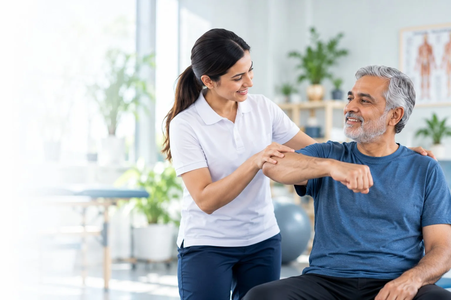 A physiotherapist gently assessing an older man’s arm movement