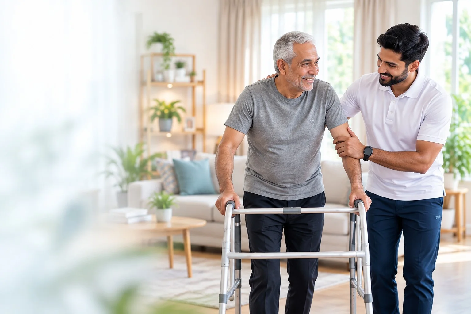 A physiotherapist supporting an older man walking with a frame in his living room