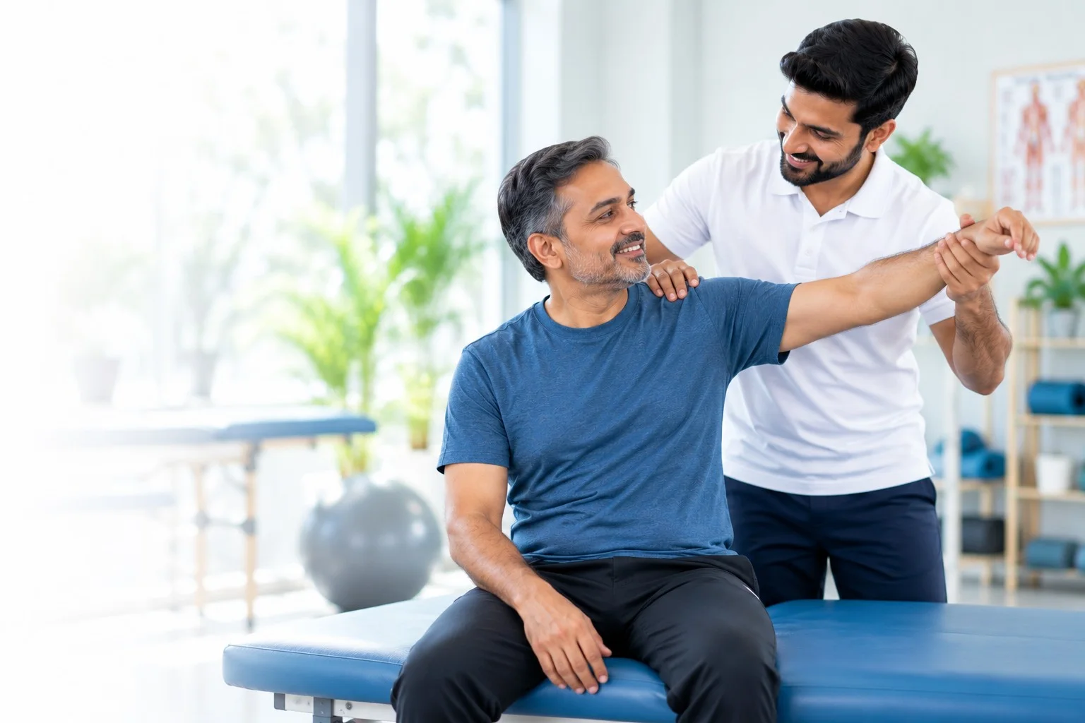 A physiotherapist assessing a man’s shoulder movement