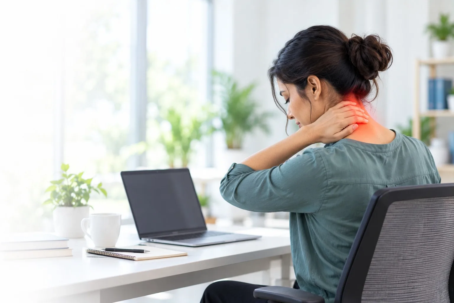 A woman at a desk rubbing the back of her neck