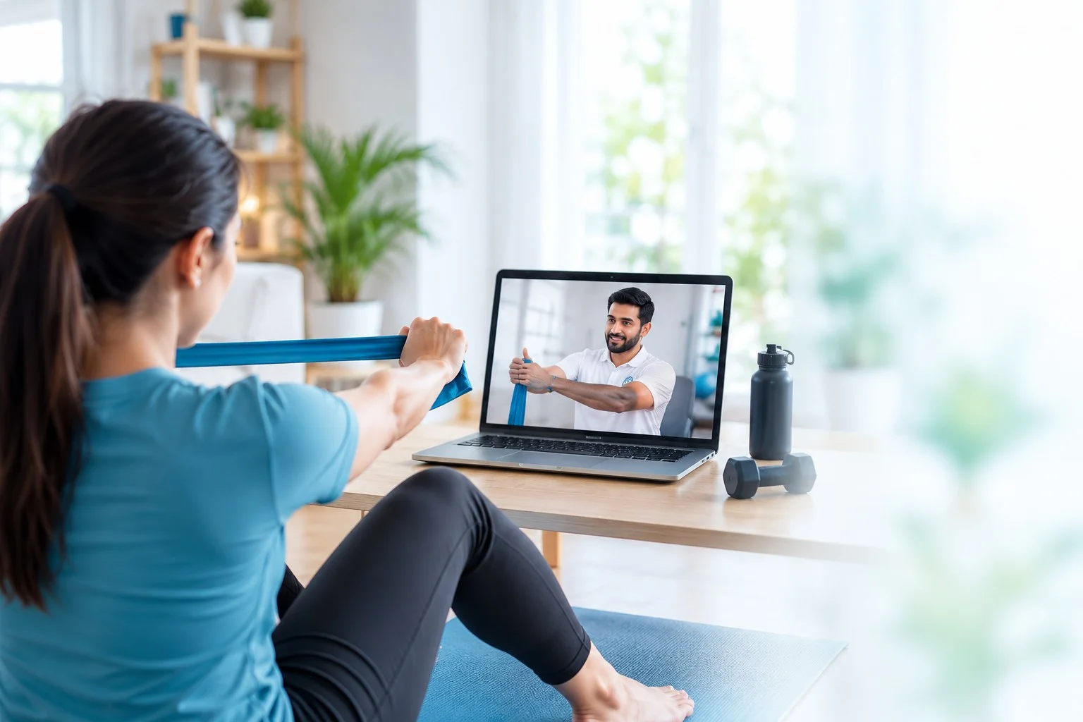 A woman doing a resistance band exercise guided by a physiotherapist on a video call