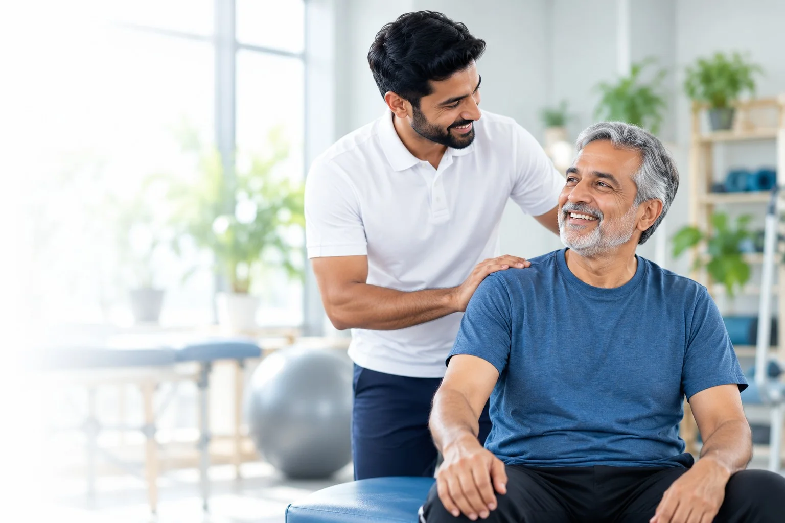 A physiotherapist with a reassuring hand on a smiling older patient’s shoulder