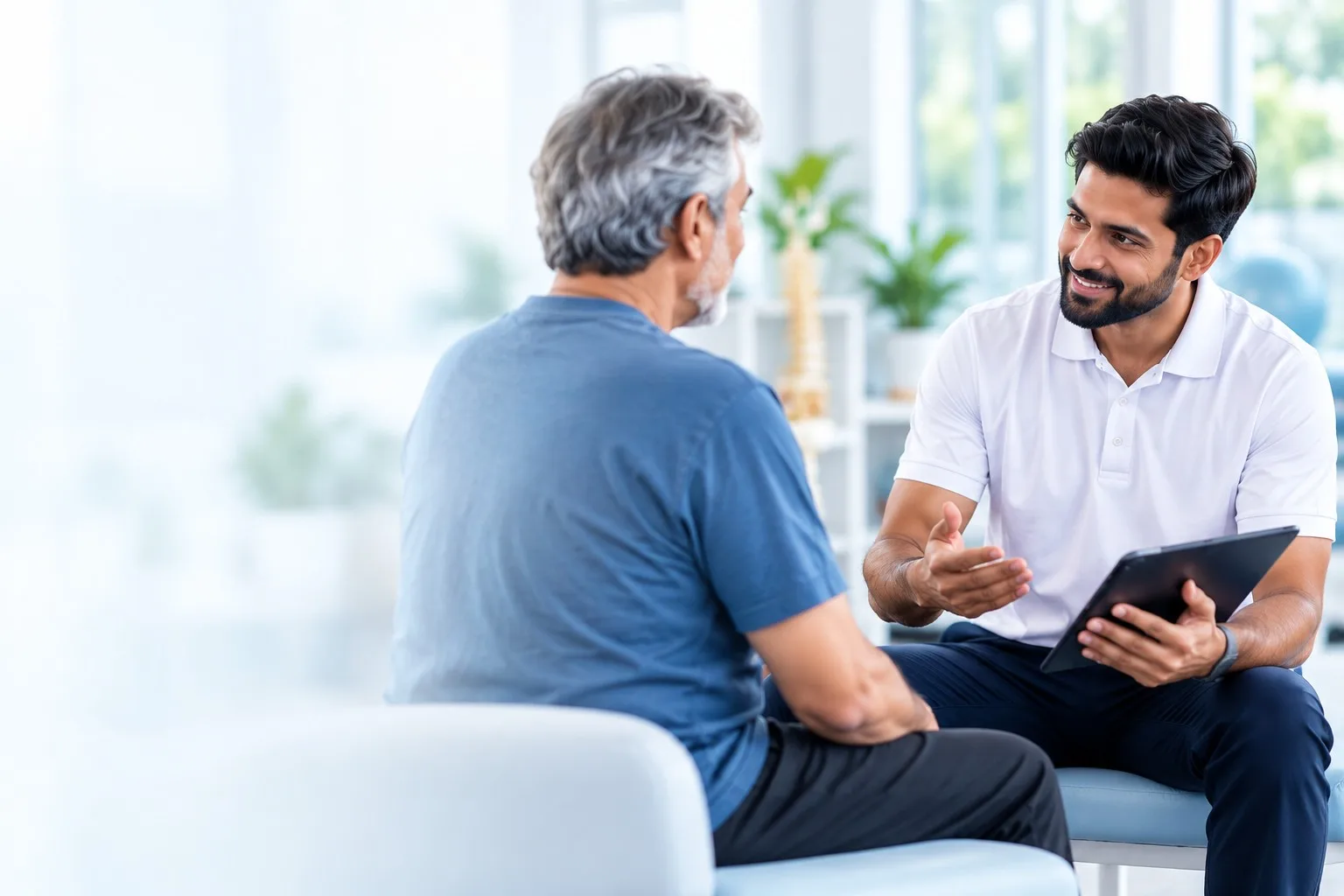 A smiling physiotherapist with a tablet talking with a patient
