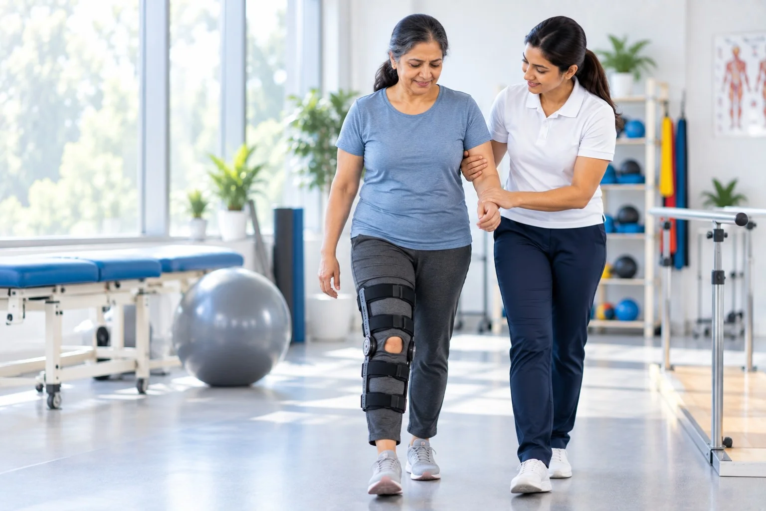 Knee supported by a post-operative brace