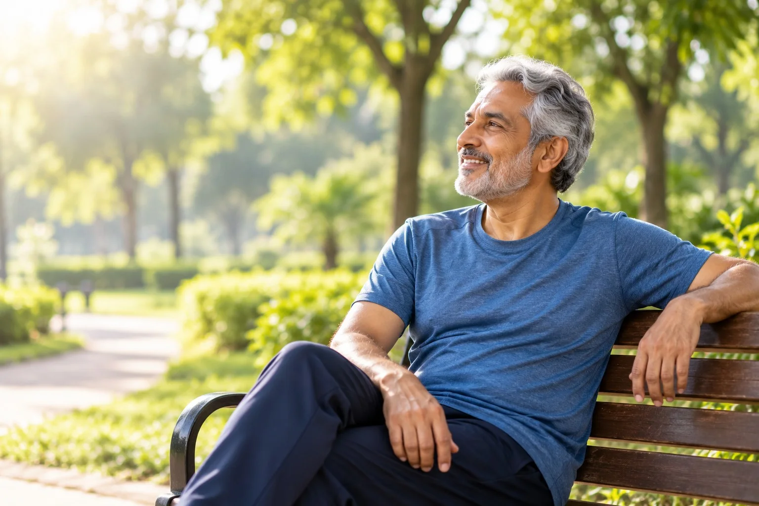 A smiling older man relaxing on a park bench in the morning light