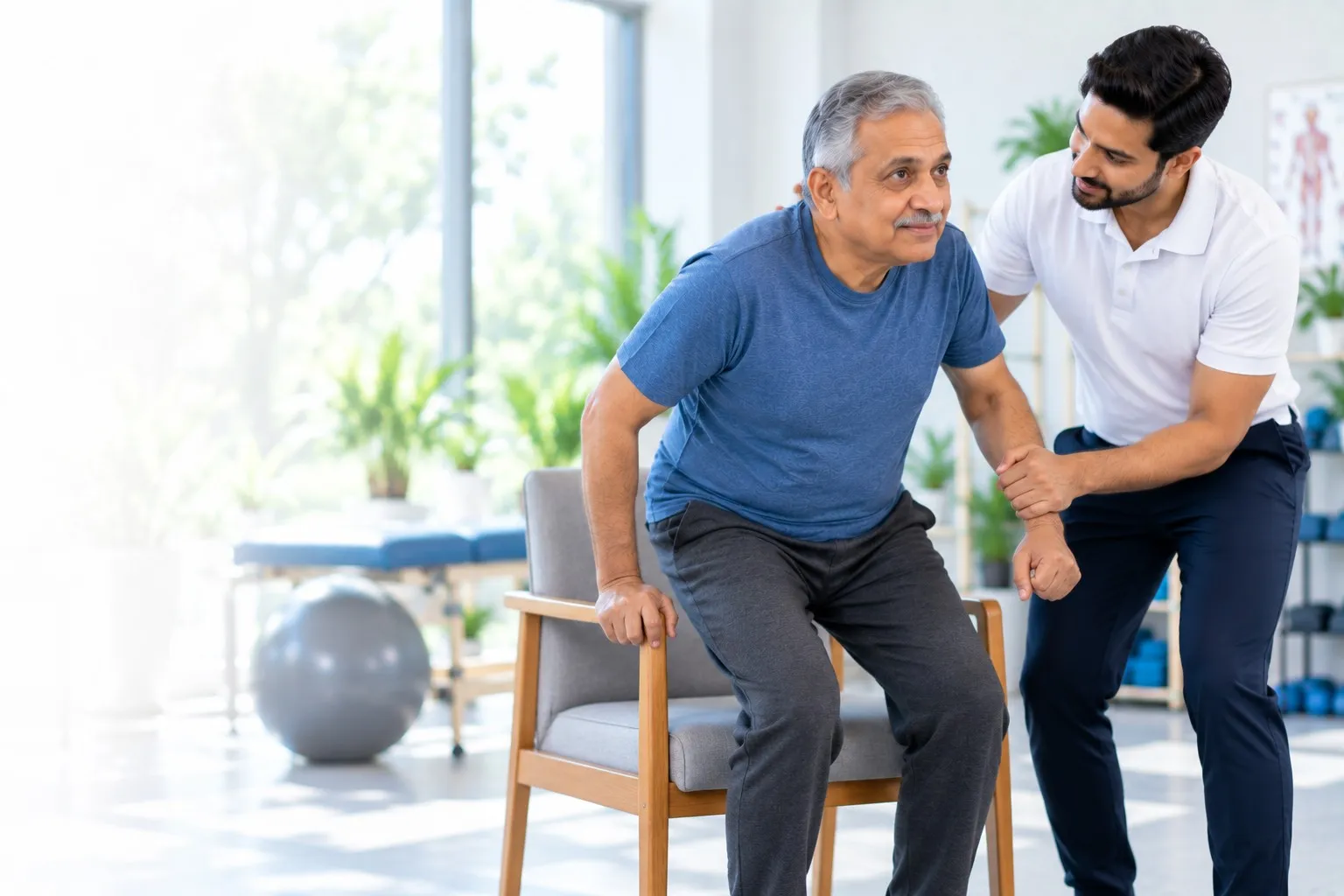 A physiotherapist helping an older man practise standing from a chair